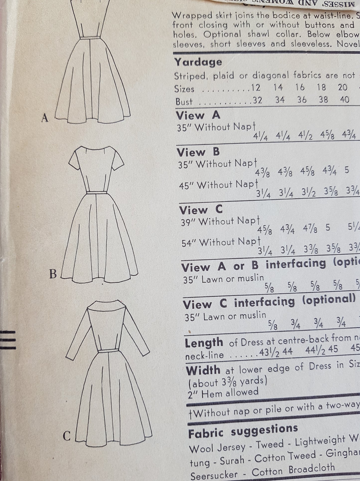Late 1950s EASY TO SEW Wrap Dress Pattern VOGUE 9537 Day or Cocktail Party Wrapped Dress Bust 34 Vintage Fashion Sewing Pattern