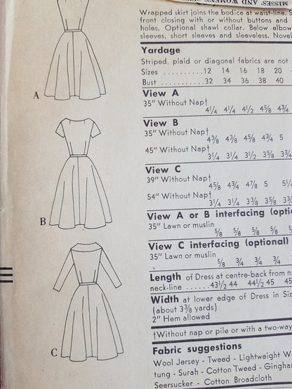 Late 1950s EASY TO SEW Wrap Dress Pattern VOGUE 9537 Day or Cocktail Party Wrapped Dress Bust 34 Vintage Fashion Sewing Pattern