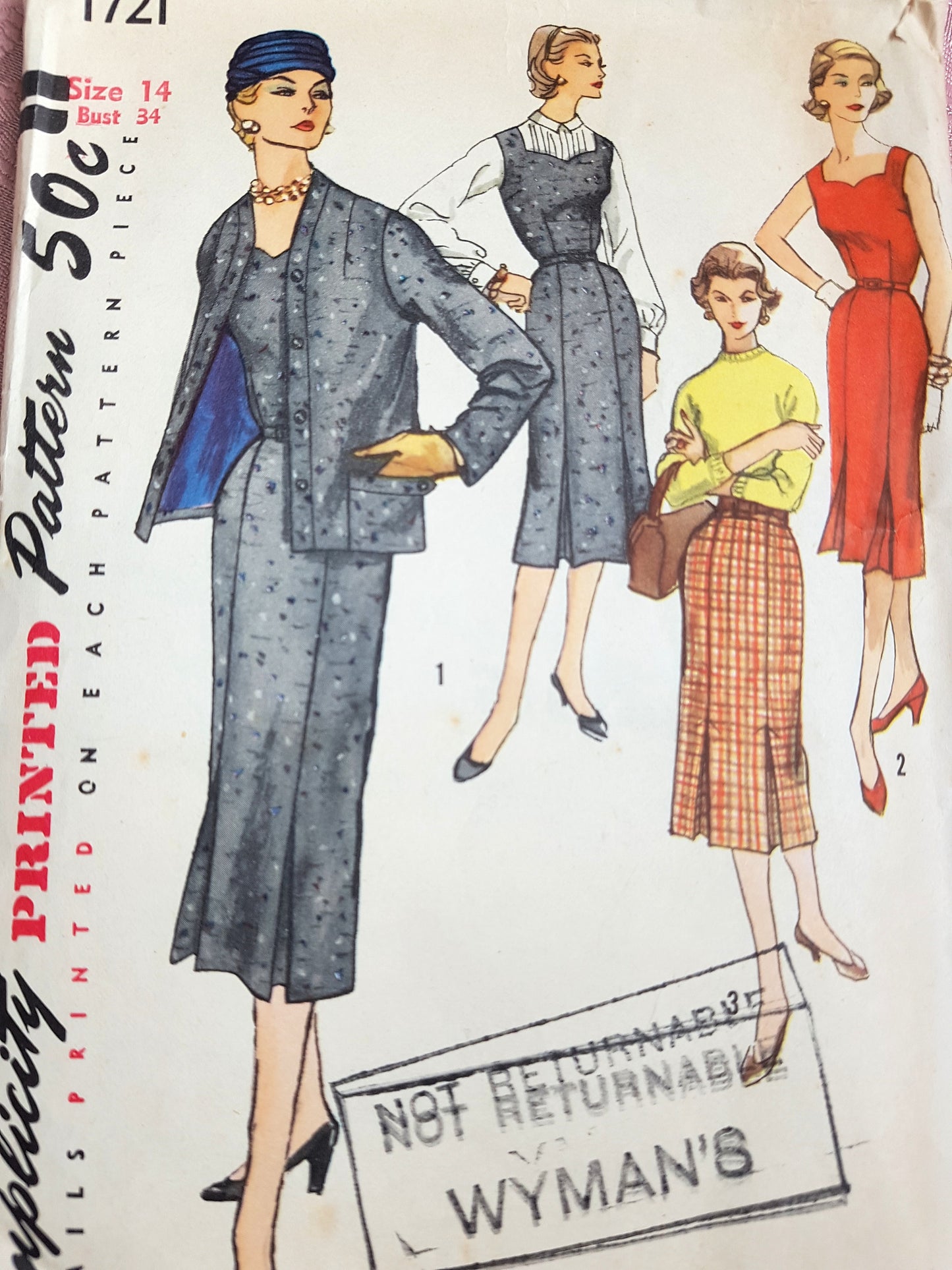 FABULOUS 1950s Jacket, Dress or Jumper and Skirt Pattern SIMPLICITY 1721 Versatile Styles Bust 34 Vintage Sewing Pattern