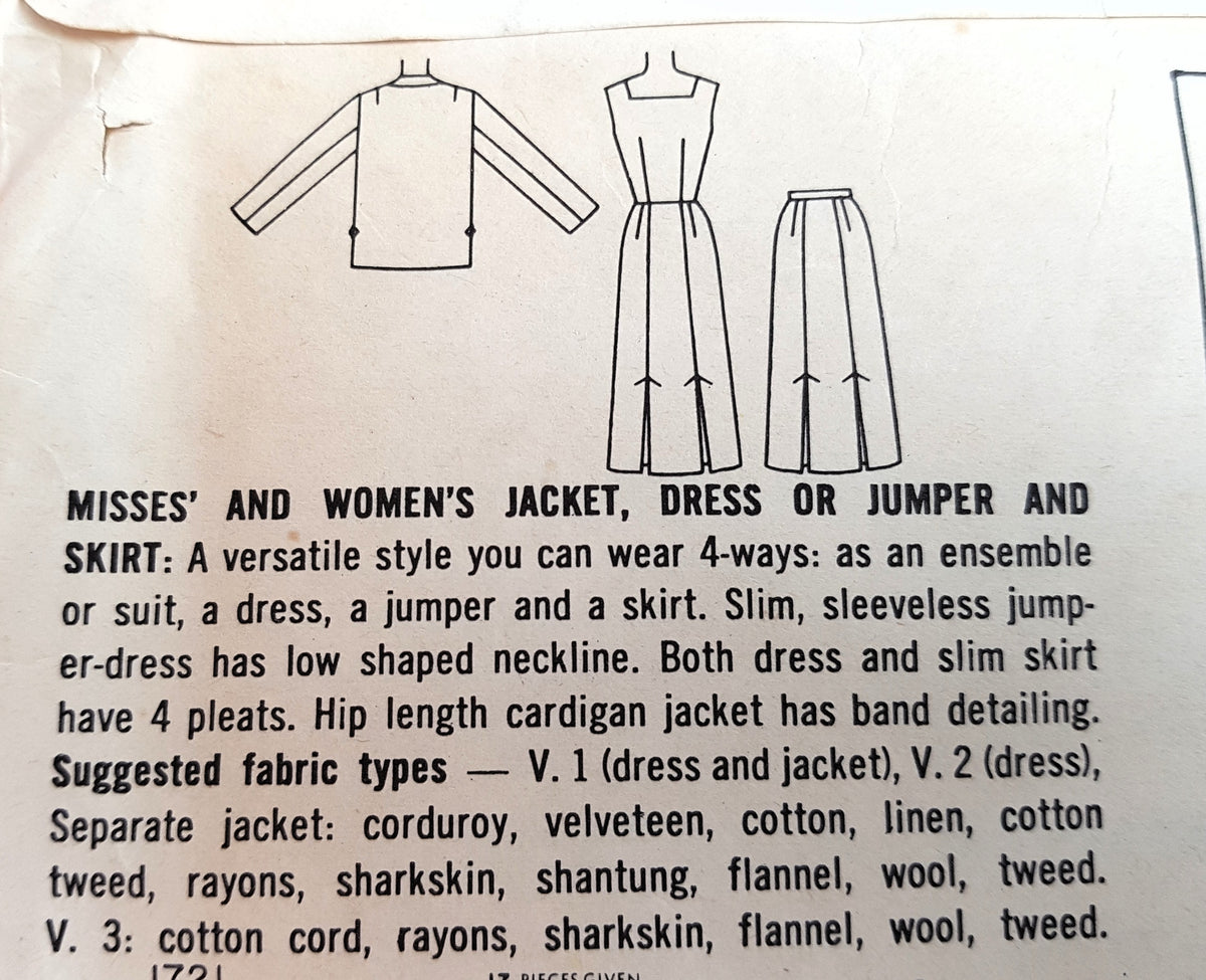 FABULOUS 1950s Jacket, Dress or Jumper and Skirt Pattern SIMPLICITY 1721 Versatile Styles Bust 34 Vintage Sewing Pattern