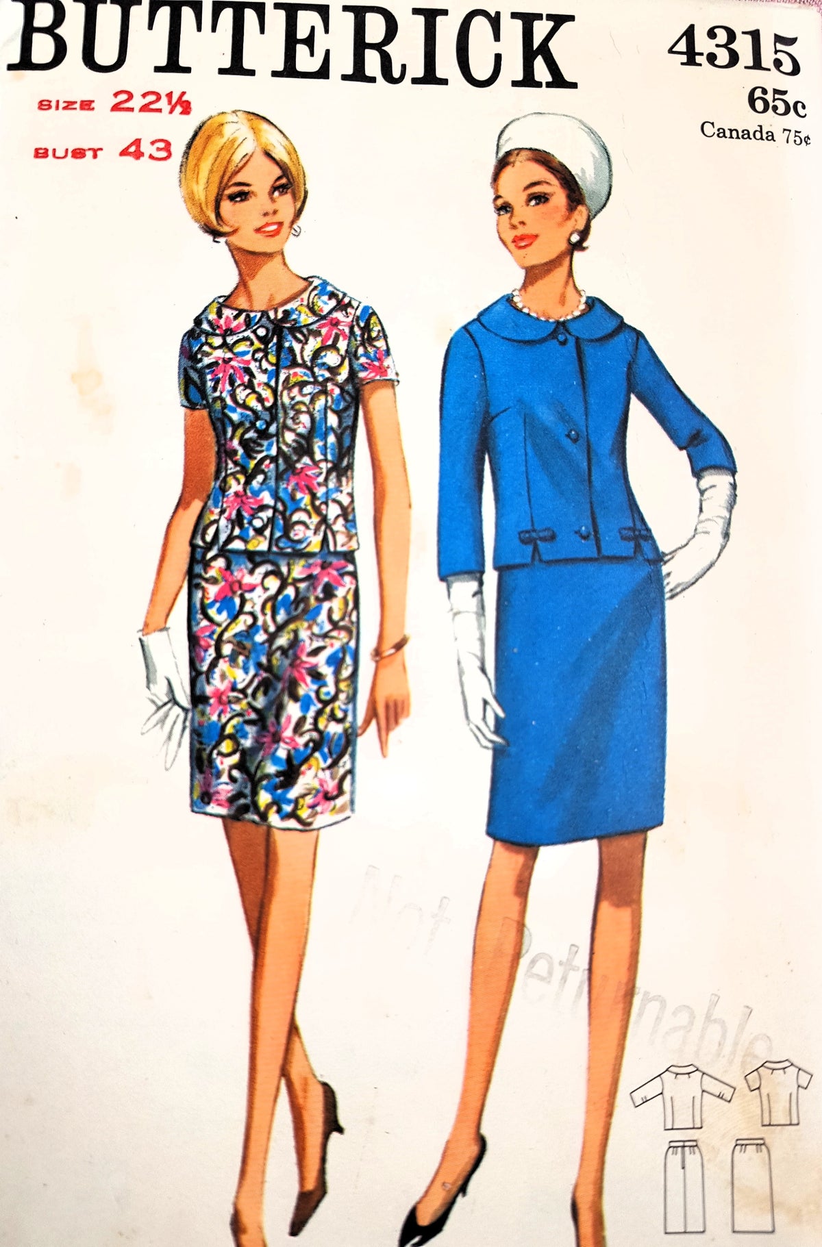 1960s ELEGANT 2 Pc Dress Pattern BUTTERICK 4315 Over Blouse and Slim Skirt Bust 43 Vintage Sewing Pattern FF