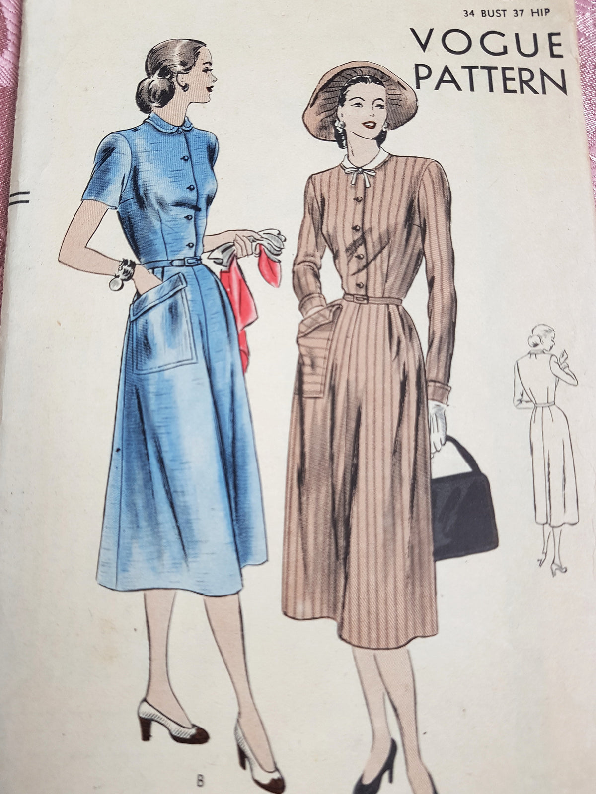 FABULOUS Late 40s Dress Pattern VOGUE 6143 Large Patch Pocket Bust 34 Vintage Fashion Sewing Pattern