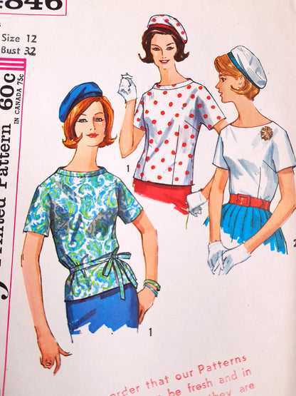 Early 1960s CUTE Blouse and Beret Style Hat Pattern SIMPLICITY 4846 Button Back Tuck In Blouse or Overblouses Bust 32 Vintage Sewing Pattern FF