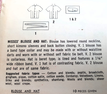 Early 1960s CUTE Blouse and Beret Style Hat Pattern SIMPLICITY 4846 Button Back Tuck In Blouse or Overblouses Bust 32 Vintage Sewing Pattern FF
