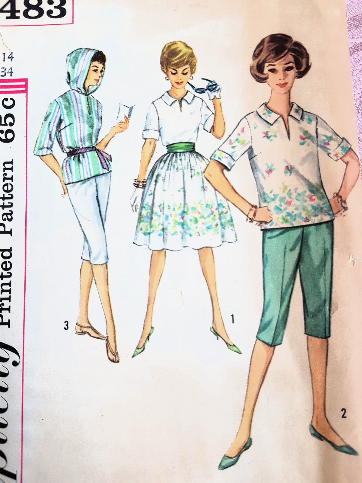 Early 1960s Beachwear Weekend Wear Pattern SIMPLICITY 4483 Capri Pants,Hooded Blouse, Shirt, Full Skirt, Bust 34 Vintage Sewing Pattern