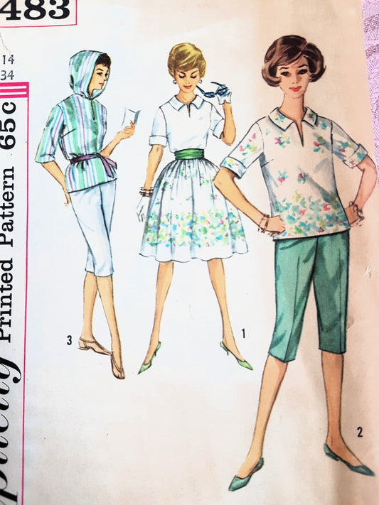 Early 1960s Beachwear Weekend Wear Pattern SIMPLICITY 4483 Capri Pants,Hooded Blouse, Shirt, Full Skirt, Bust 34 Vintage Sewing Pattern