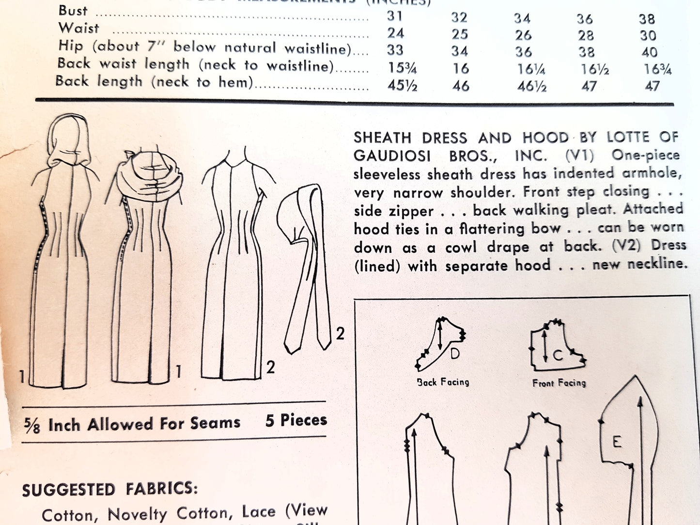 1950s AMERICAN DESIGNER Sheath Dress and Hood Pattern ADVANCE 8292 Day or Evening Cocktail Party Dress Bust 32 Vintage Sewing Pattern