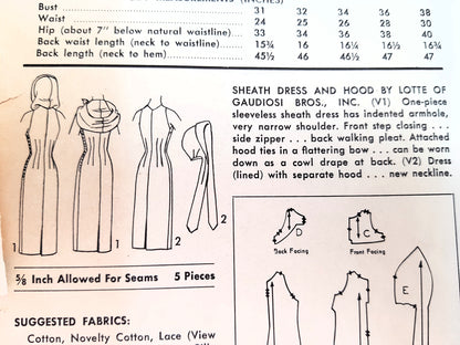 1950s AMERICAN DESIGNER Sheath Dress and Hood Pattern ADVANCE 8292 Day or Evening Cocktail Party Dress Bust 32 Vintage Sewing Pattern