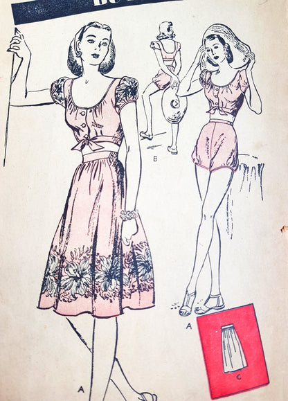 1940s WWII Era 3 Pc Playsuit Pattern BUTTERICK 2933 Midriff Top, High Waist Shorts and Skirt, Beachwear, Bust 32 Vintage Sewing Pattern