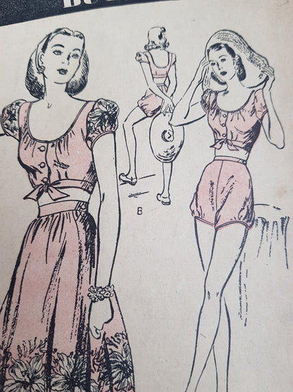 1940s WWII Era 3 Pc Playsuit Pattern BUTTERICK 2933 Midriff Top, High Waist Shorts and Skirt, Beachwear, Bust 32 Vintage Sewing Pattern
