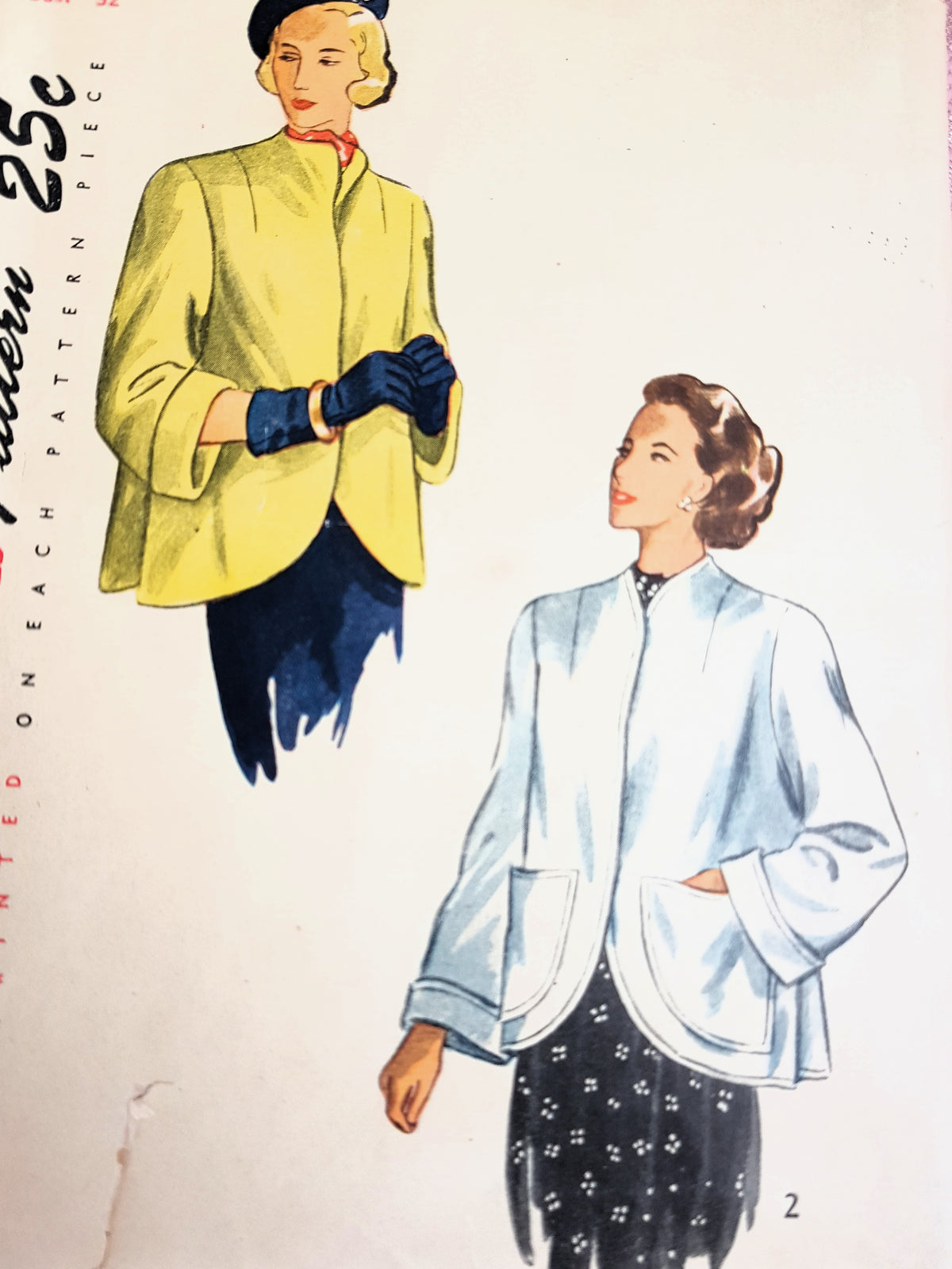 Late 1940s LOVELY Flare Back Jackets Coat Pattern SIMPLICITY 2380 Two Versions,Wide Cuffs, Bust 32 Vintage Sewing Pattern