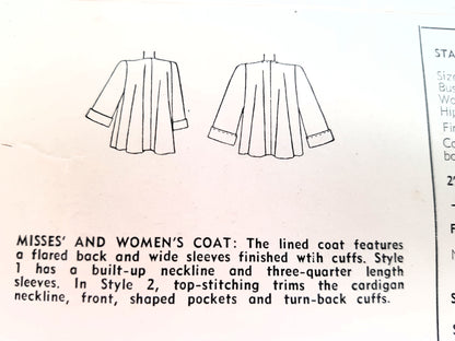 Late 1940s LOVELY Flare Back Jackets Coat Pattern SIMPLICITY 2380 Two Versions,Wide Cuffs, Bust 32 Vintage Sewing Pattern