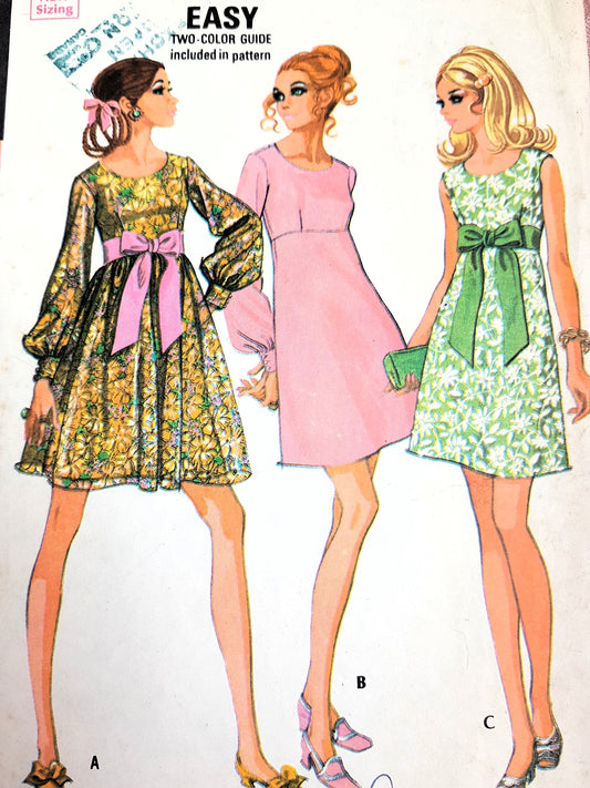 1970s MOD Baby Doll Mini High Waist Dress Pattern McCALLS 2374 Three Styles Day or Evening Perfect For Sheers Bust 36 Vintage Sewing Pattern