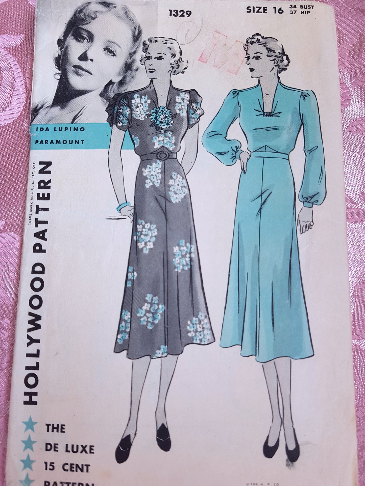 Late 1930s BEAUTIFUL Dress Pattern HOLLYWOOD 1329 Featuring Paramount Star Ida Lupino, Stunning Dress Design, Bust 34 Vintage Sewing Pattern FF