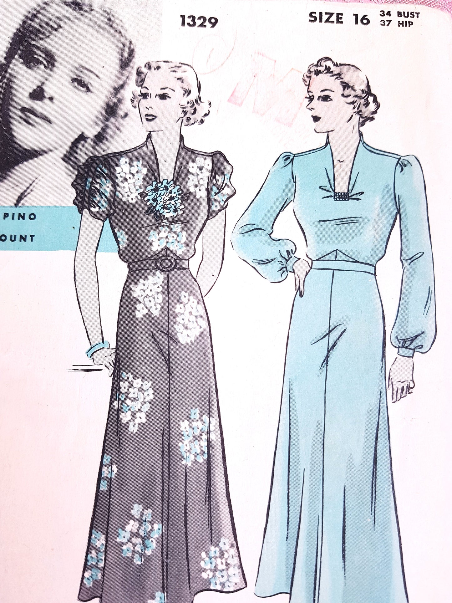 Late 1930s BEAUTIFUL Dress Pattern HOLLYWOOD 1329 Featuring Paramount Star Ida Lupino, Stunning Dress Design, Bust 34 Vintage Sewing Pattern FF