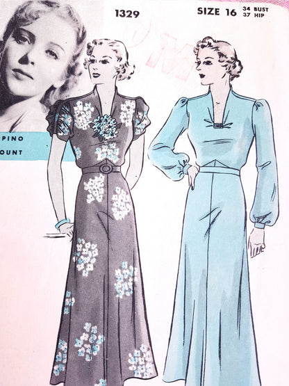 Late 1930s BEAUTIFUL Dress Pattern HOLLYWOOD 1329 Featuring Paramount Star Ida Lupino, Stunning Dress Design, Bust 34 Vintage Sewing Pattern FF