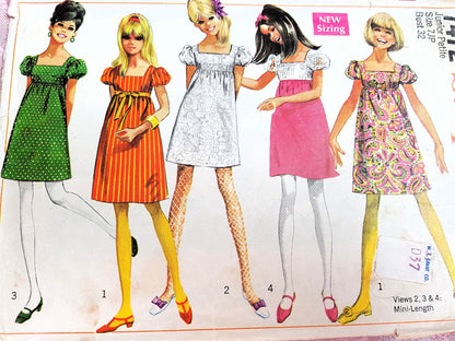 MOD 1960s CUTE Empire Dress Puff Sleeves Pattern SIMPLICITY 7472 Four Versions, Bust 32 Vintage Sewing Pattern