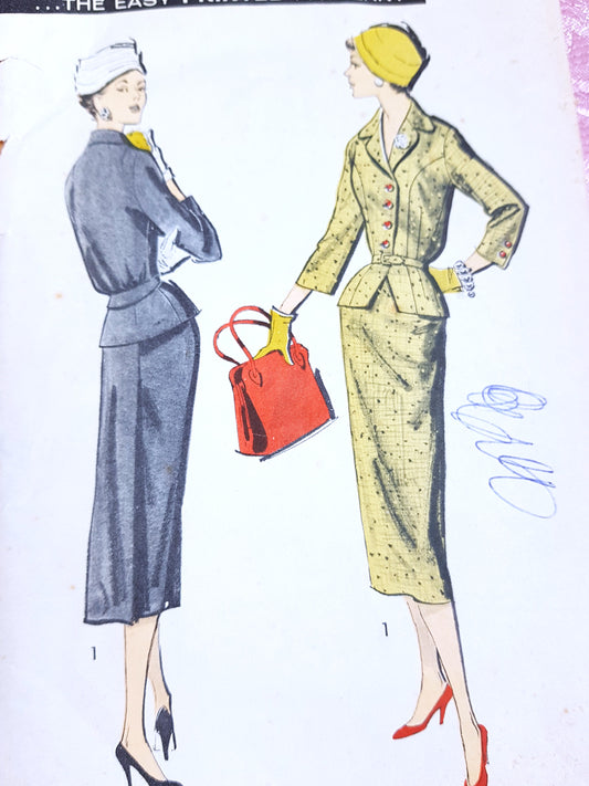1950s CHIC Belted Suit Pattern ADVANCE 8209 Back Panel Walking Pleat Skirt, Fitted Jacket, Bust 38 Vintage Sewing Pattern