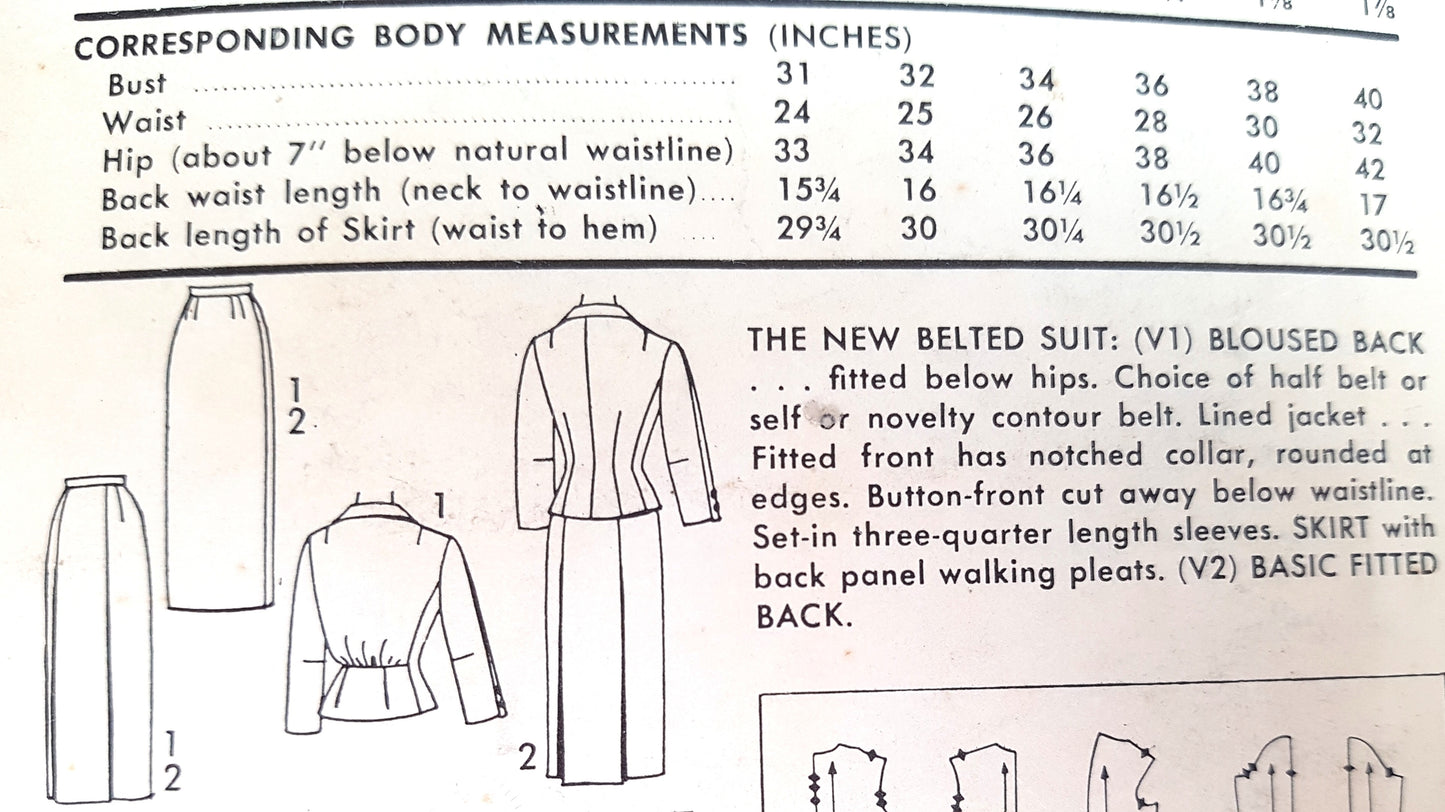 1950s CHIC Belted Suit Pattern ADVANCE 8209 Back Panel Walking Pleat Skirt, Fitted Jacket, Bust 38 Vintage Sewing Pattern