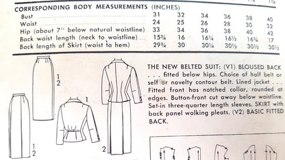 1950s CHIC Belted Suit Pattern ADVANCE 8209 Back Panel Walking Pleat Skirt, Fitted Jacket, Bust 38 Vintage Sewing Pattern