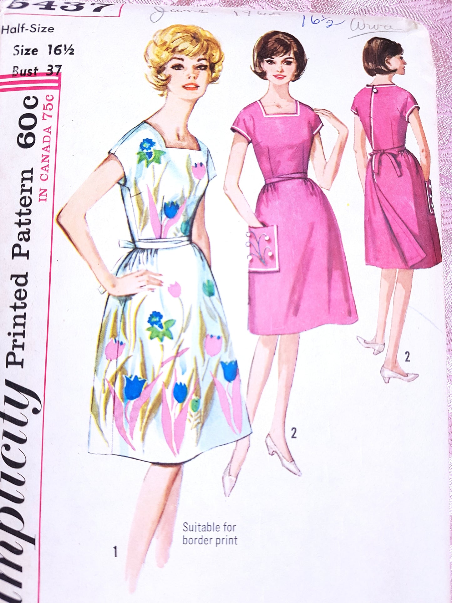 CUTE 1960s Back Wrap Dress Pattern SIMPLICITY 5437 Pretty Dress Suitable For Border Prints, Bust 37 Vintage Sewing Pattern