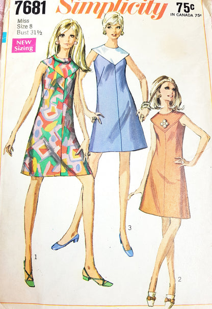 1960s MOD Dress Pattern SIMPLICITY 7681  Dress with Two Yokes Bust  31 Vintage Sewing Pattern