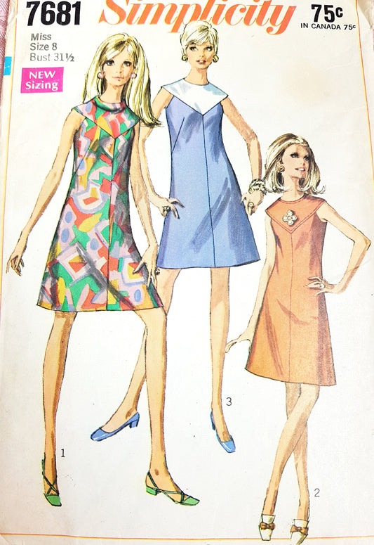 1960s MOD Dress Pattern SIMPLICITY 7681  Dress with Two Yokes Bust  31 Vintage Sewing Pattern