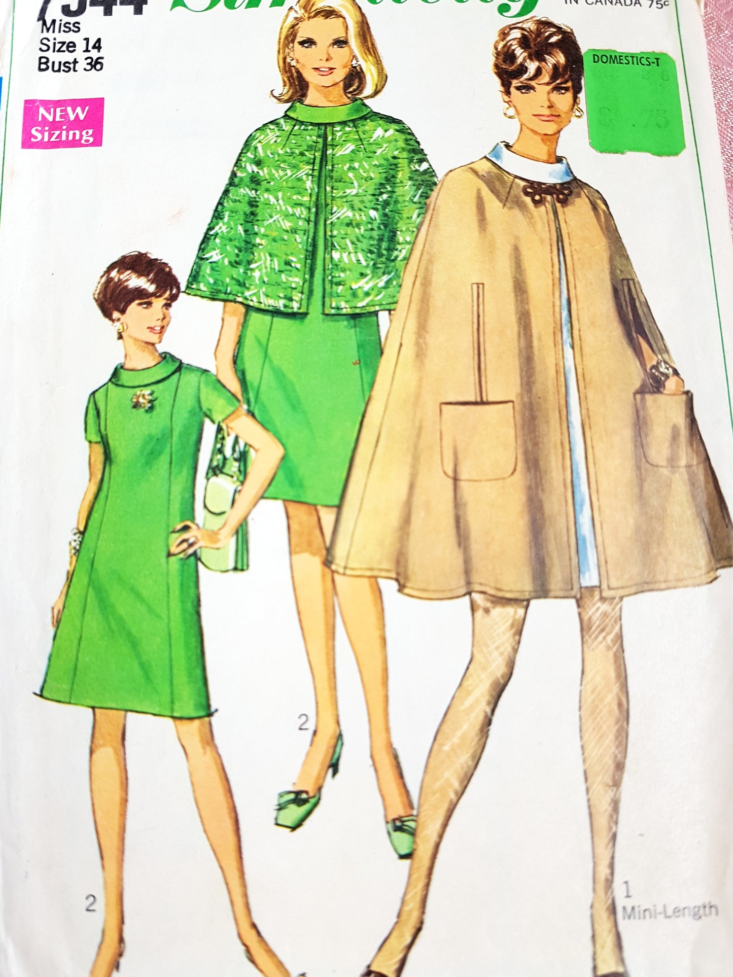 1960s STYLISH Dress and Cape Coat Pattern SIMPLICITY 7544 Cape in 2 Lengths, Bust 36 Vintage Sewing Pattern
