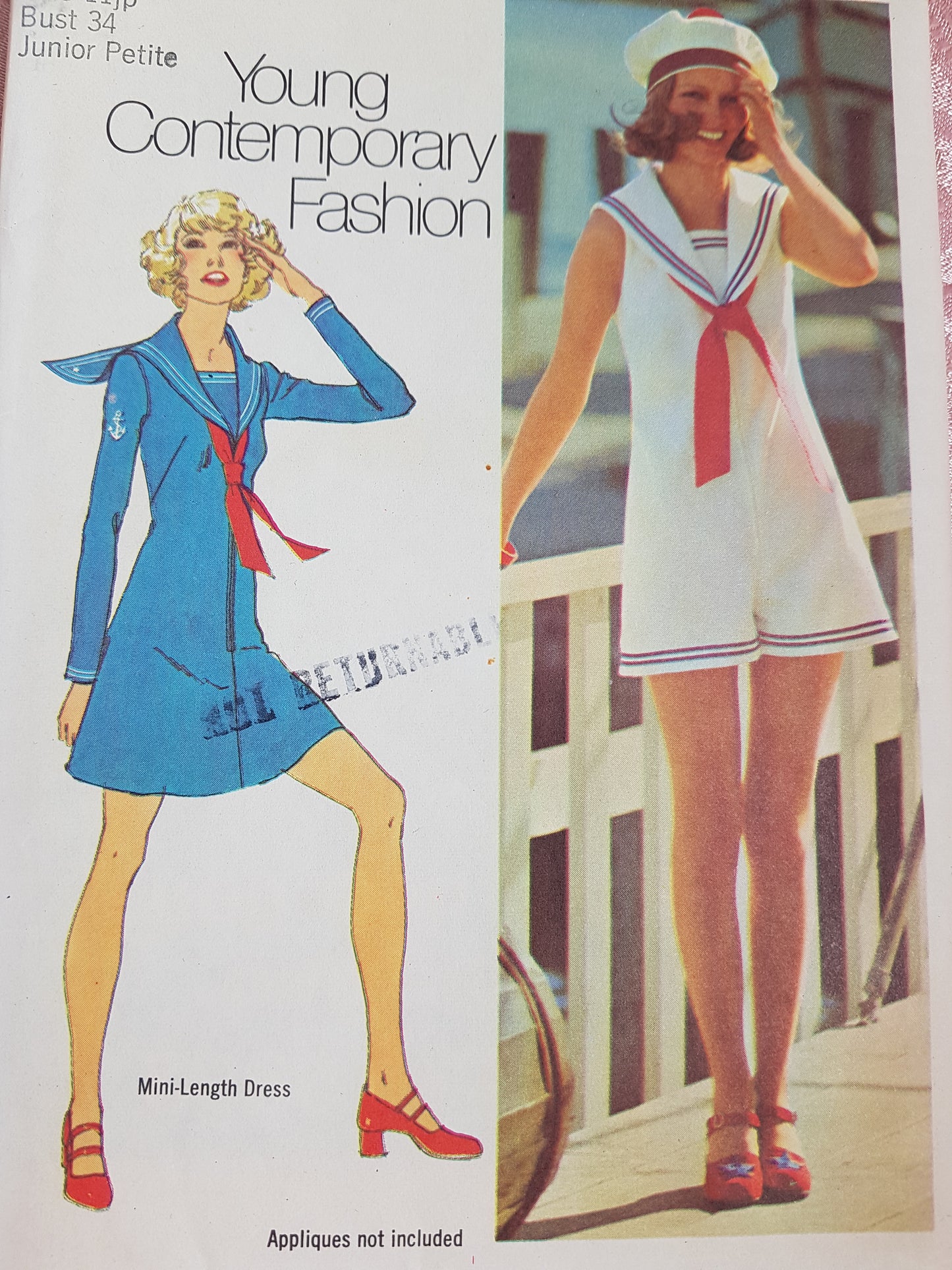 1970s CUTE Sailor Style Dress and PantDress Pattern SIMPLICITY 9982 Includes Tie Bust 34 Vintage Sewing Pattern