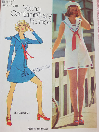 1970s CUTE Sailor Style Dress and PantDress Pattern SIMPLICITY 9982 Includes Tie Bust 34 Vintage Sewing Pattern
