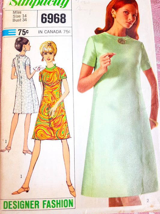 1960s DESIGNER Mod Dress Pattern SIMPLICITY 6968 Daytime or Cocktail Party Dress, Bust 34 Vintage Sewing Pattern FF