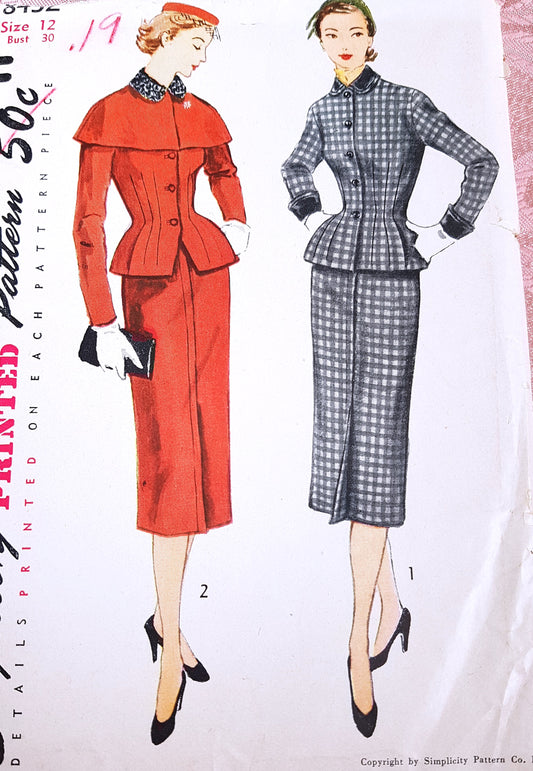 1950s CHIC Two-Piece Suit and Cape Pattern SIMPLICITY 8432 Very Stylish Details Bust 30 Vintage Sewing Pattern FF