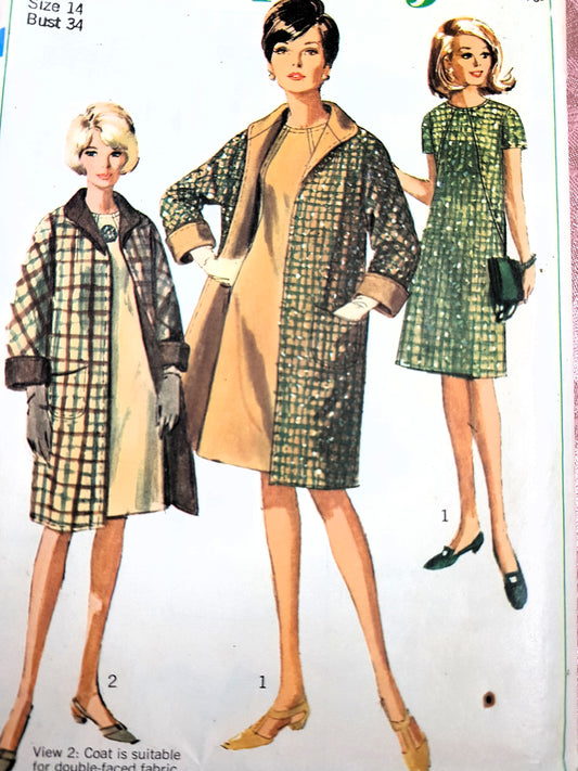1960s STYLISH Dress and Reversible Coat Pattern SIMPLICITY 6732 Slim Dress and Fabulous Coat, Bust 34 Vintage Sewing Pattern FF