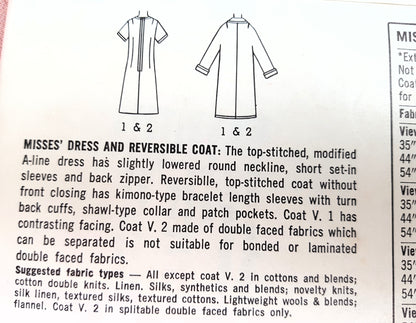 1960s STYLISH Dress and Reversible Coat Pattern SIMPLICITY 6732 Slim Dress and Fabulous Coat, Bust 34 Vintage Sewing Pattern FF