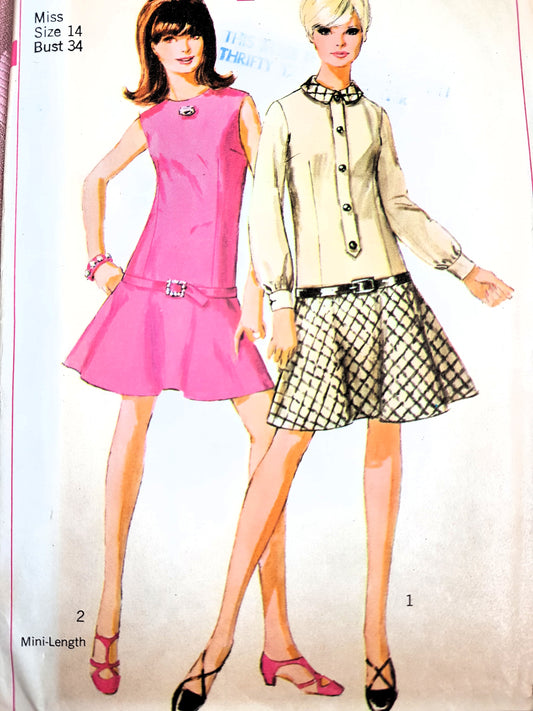 MOD 1960s Drop Waist Dress Pattern SIMPLICITY 7165 Semi Circular Skirted Dress, 2 Lengths, Bust 34 Vintage Sewing Pattern FF