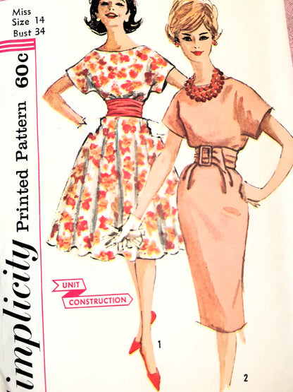 Early 1960s CHIC Bateau Neckline Dress Slim or Full Skirted Pattern SIMPLICITY 3396 Bust 34 Vintage Sewing Pattern FF