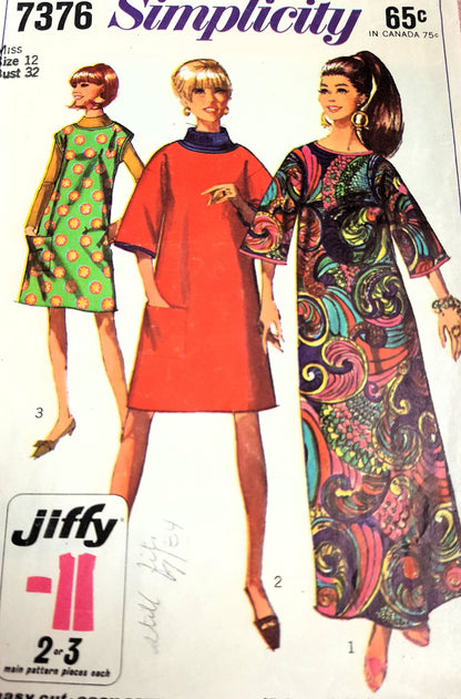 1960s MOD Caftan Style Dress Pattern SIMPLICITY 7376 Bust 32 Three Styles, 2 Lengths, Easy To Sew Jiffy Vintage Sewing Pattern