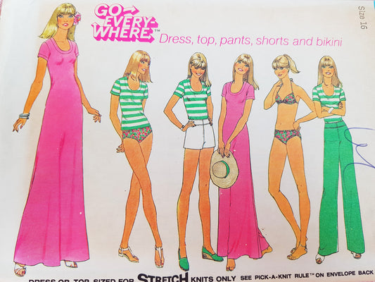 1970s CUTE Wardrobe Pattern SIMPLICITY 7526 ,Pullover Dress Top Pants Bikini Bathing Suit, Bust 38 Vintage Sewing Pattern FF