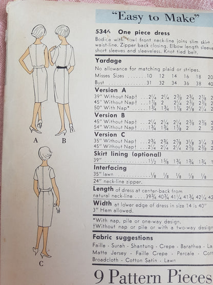 EARLY 1960s Slim Cowl Neckline Dress Pattern VOGUE 5346 Bust 34 Easy To Sew Vintage Sewing Pattern