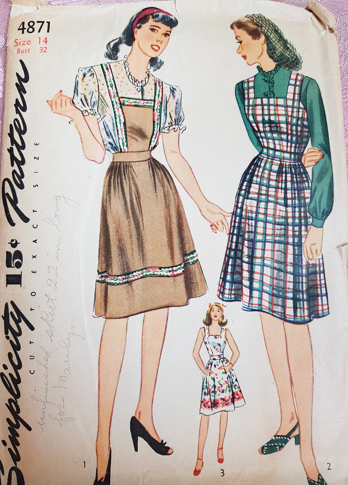 CUTE 1940s Jumper Dress and Blouse Pattern SIMPLICITY 4871 Long Sleeve  or Puff Sleeved Blouses Bust 32 Vintage Sewing Pattern