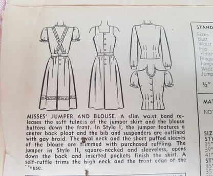 CUTE 1940s Jumper Dress and Blouse Pattern SIMPLICITY 4871 Long Sleeve  or Puff Sleeved Blouses Bust 32 Vintage Sewing Pattern