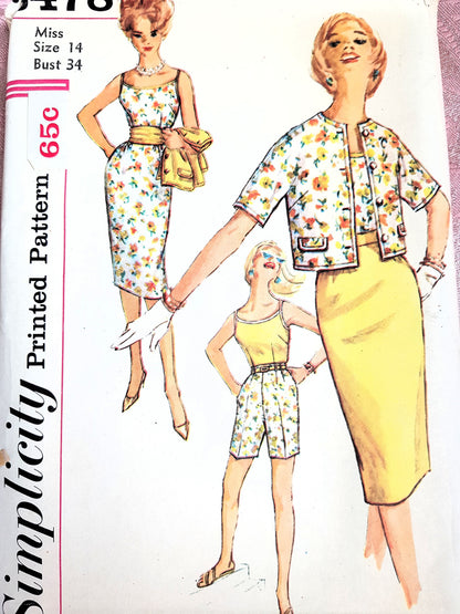 1960 Weekend Wear Pattern SIMPLICITY 3478 Shorts, Blouse, Skirt, Jacket and Cummerbund Bust 34 Vintage Sewing Pattern