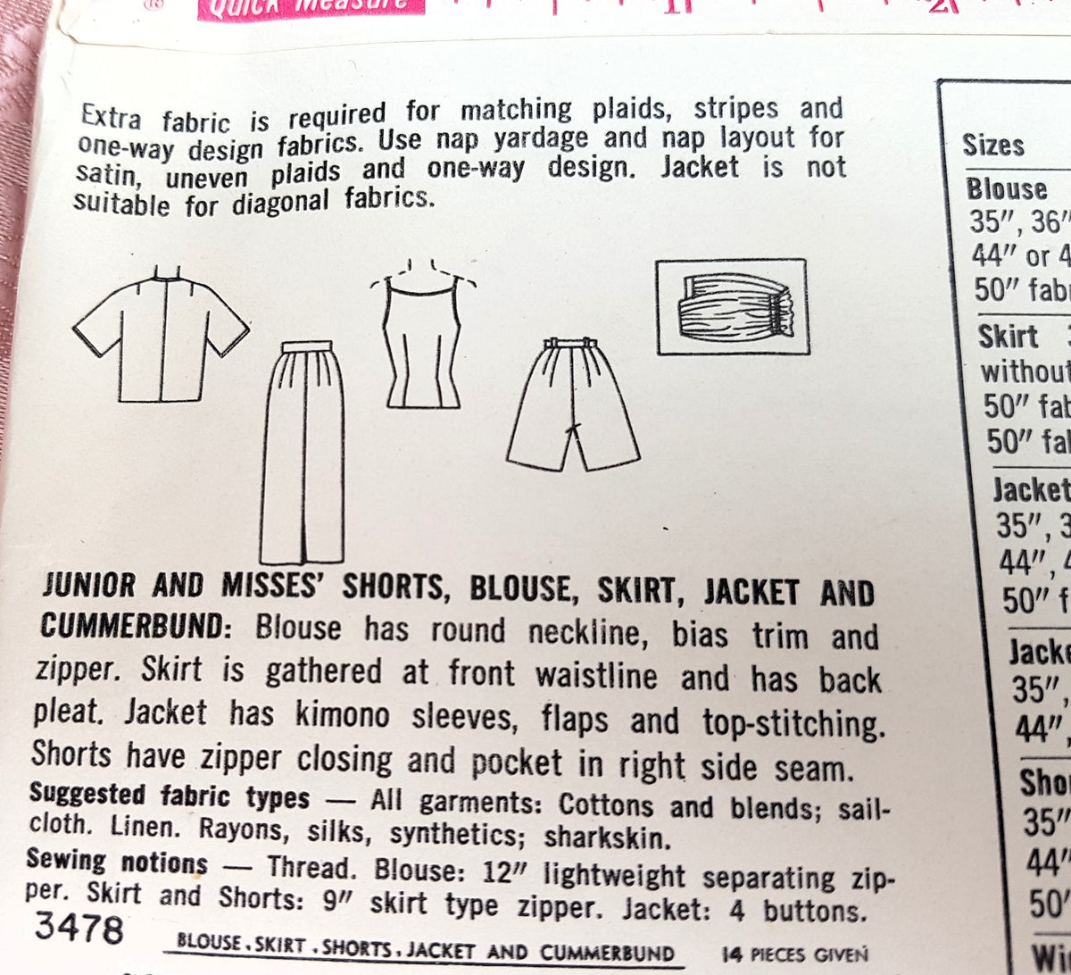 1960 Weekend Wear Pattern SIMPLICITY 3478 Shorts, Blouse, Skirt, Jacket and Cummerbund Bust 34 Vintage Sewing Pattern