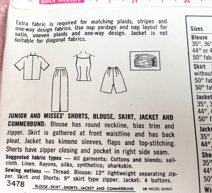1960 Weekend Wear Pattern SIMPLICITY 3478 Shorts, Blouse, Skirt, Jacket and Cummerbund Bust 34 Vintage Sewing Pattern