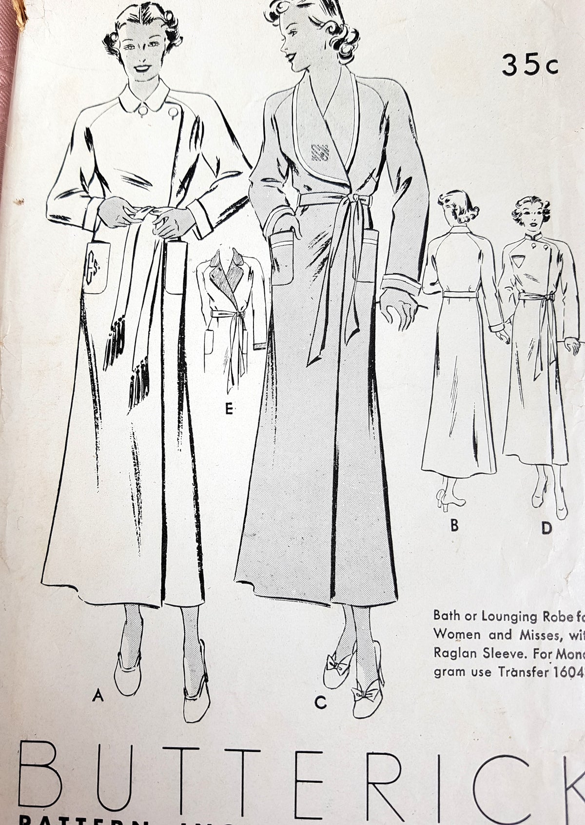 1930s CLASSIC Bath or Lounging Robe Pattern BUTTERICK 7612 Bust 36 Two Style Versions Vintage Sewing Pattern