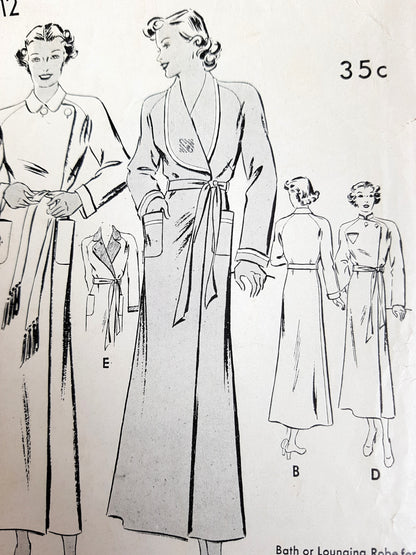 1930s CLASSIC Bath or Lounging Robe Pattern BUTTERICK 7612 Bust 36 Two Style Versions Vintage Sewing Pattern