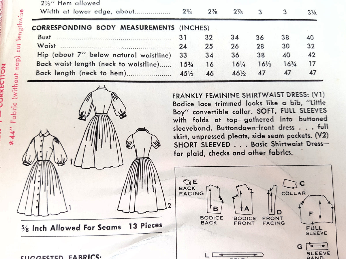 1950s FEMININE Shirtwaist Dress Pattern ADVANCE 8365 Two Pretty Styles Bust 34 Vintage Sewing Pattern