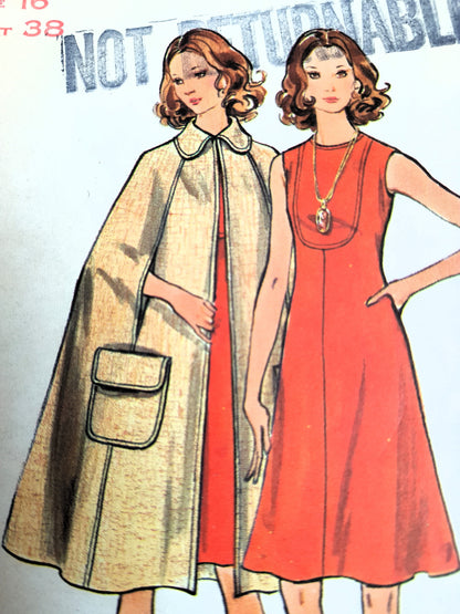 EARLY 70s Dress and Beautiful Cape Coat Pattern BUTTERICK 6542 Bust 38 Vintage Sewing Pattern FF