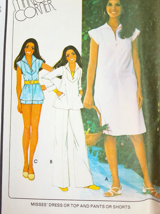 1970s CUTE Weekend Wear Pattern McCALLs 5531 Marlos Corner Dress or Top Pants or Shorts, Bust 34 Vintage Sewing Pattern FF