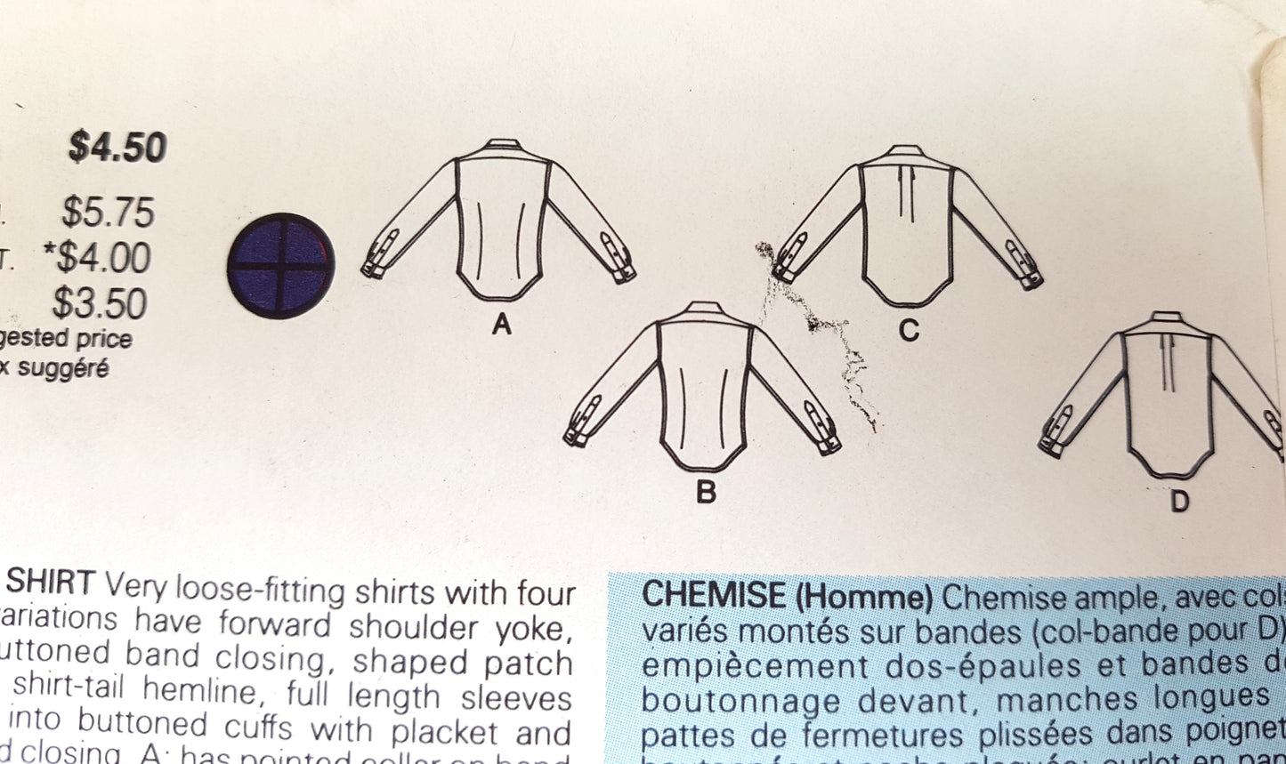1980s  WONDERFUL MENS Shirt Pattern  BUTTERICK 4004 Four Collar Variations  Chest 40 Vintage Sewing Pattern FF